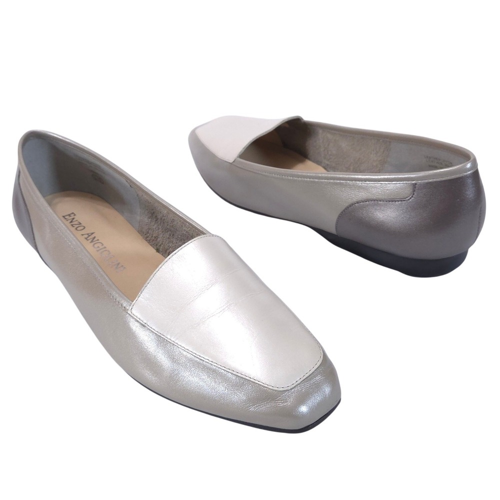 Enzo Angiolini Liberty Metallic Leather Loafers 10M Square Toe Flats Gray Sliver